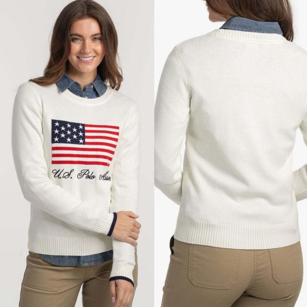 US Polo Assn Flag Crew Neck Super Soft Sweater‎ In Vanilla Prep Size M Preppy